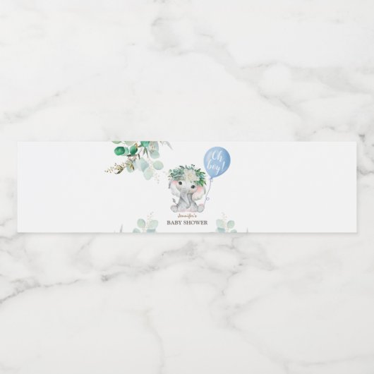 Olifant Blauwe Ballon | Boy Baby shower Water Waterfles Etiket (Enkel label)