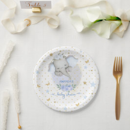 Olifant Blauwe Bloem Boho Baby Jongensfeest Papieren Bordje