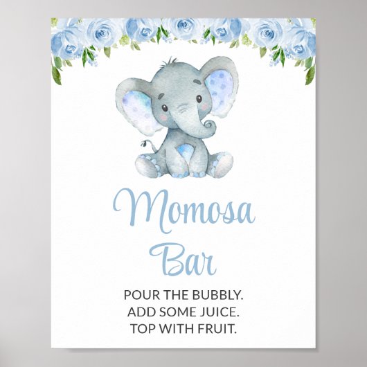 Olifant, Blauwe bloemen, Baby shower Momosa Bar Poster (Voorkant)
