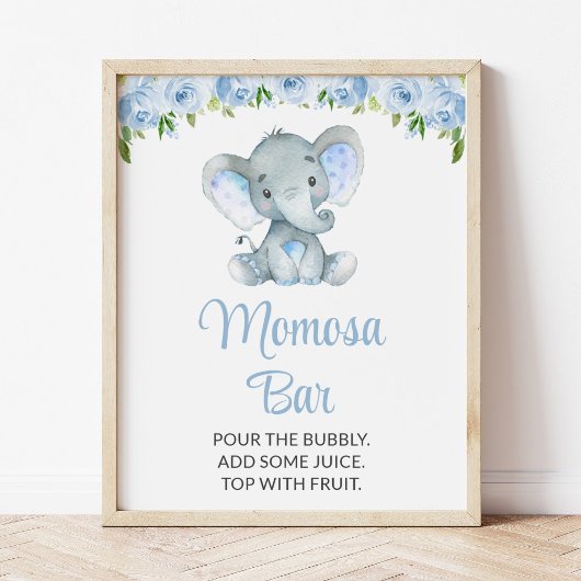 Olifant, Blauwe bloemen, Baby shower Momosa Bar Poster