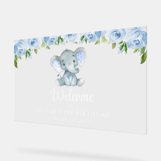Olifant, Blauwe bloemen, Eerste Verjaardag Welkom Acryl Bord (Hoek)