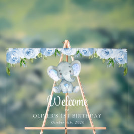 Olifant, Blauwe bloemen, Eerste Verjaardag Welkom Acryl Bord