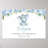 Olifant, Blauwe bloemen, Eerste Verjaardag Welkom Poster (Voorkant)