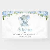Olifant, Blauwe bloemen, Eerste Verjaardag Welkom Spandoek (Horizontaal)