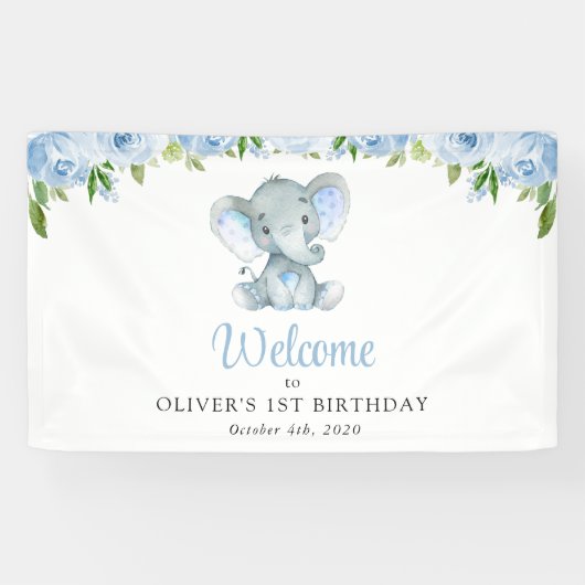 Olifant, Blauwe bloemen, Eerste Verjaardag Welkom Spandoek (Horizontaal)