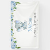 Olifant, Blauwe bloemen, Eerste Verjaardag Welkom Spandoek (Verticaal)