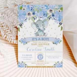 Olifant Blauwe Bloemige Baby Shower Baby Jongen Kaart
