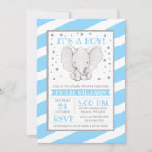 Olifant Blauwe Strepen Jongen Baby Douche Uitnodig Kaart (Voorkant)