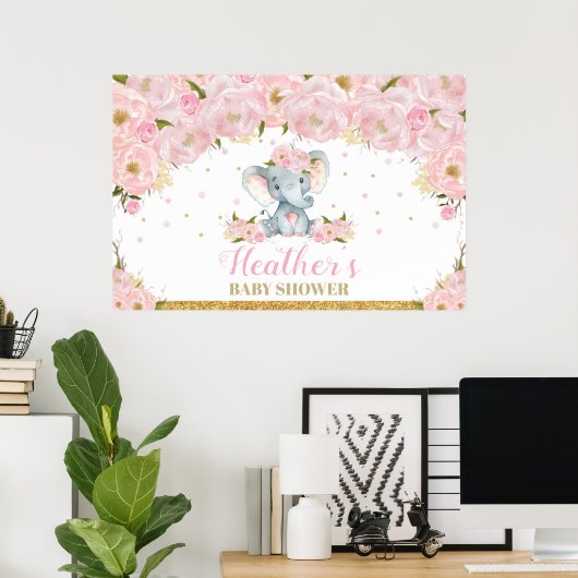 Olifant Bloem Baby Shower Achtergrond Banner Poster (Thuiskantoor)