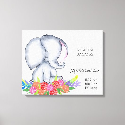 Olifant Bloemen Baby Meisje Geboorterecord Statist Canvas Afdruk (Voorkant)