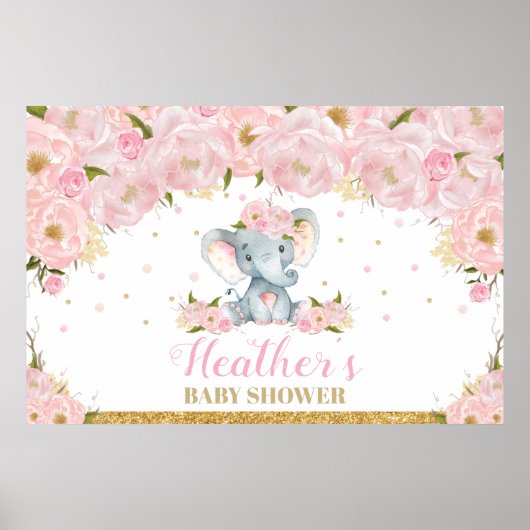 Olifant Bloemen Baby Shower Achtergrond Banner Poster (Voorkant)