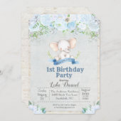 Olifant Bloemen Jongen 1e Verjaardag Party Uitnodi Kaart (Voorkant / Achterkant)