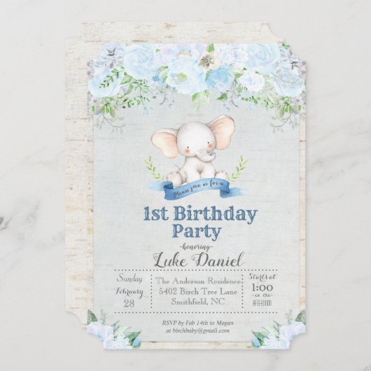 Olifant Bloemen Jongen 1e Verjaardag Party Uitnodi Kaart (Voorkant / Achterkant)