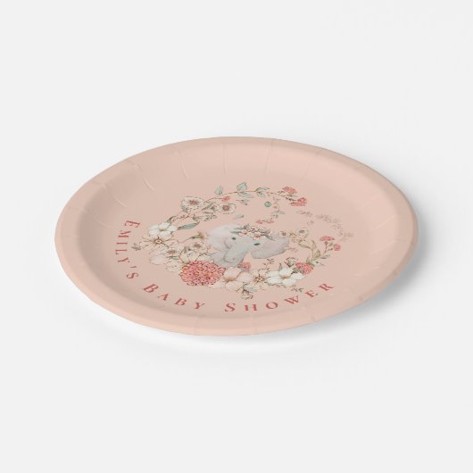  Olifant Bloemen Perzik Meisje Baby shower Papieren Bordje (Gekanteld)