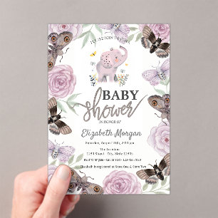 Olifant Bloemen Vlinders Roze Baby Shower Acryl Uitnodigingen