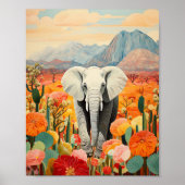 Olifant Bloemen Woestijn Berg Kleurrijk Poster (Voorkant)