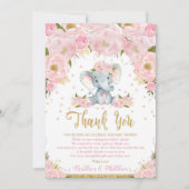 Olifant Bloemige Baby Shower Bedankkaart Meisje Kaart (Voorkant)