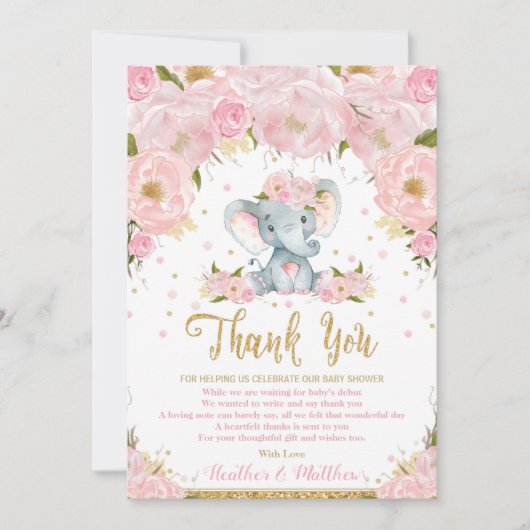 Olifant Bloemige Baby Shower Bedankkaart Meisje Kaart (Voorkant)