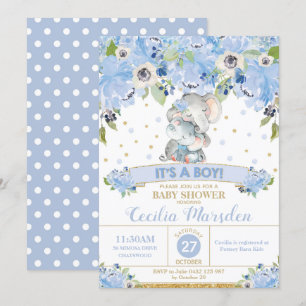 Olifant Bloemige Baby Shower Uitnodiging Jongen