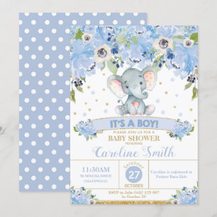 Olifant Bloemige Baby Shower Uitnodiging Jongen
