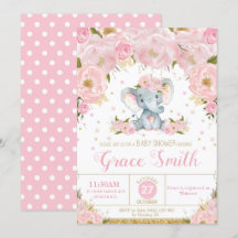 Olifant Bloemige Baby Shower Uitnodiging Meisje