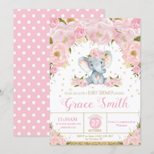 Olifant Bloemige Baby Shower Uitnodiging Meisje