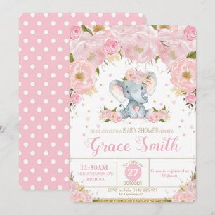 Olifant Bloemige Baby Shower Uitnodiging Meisje