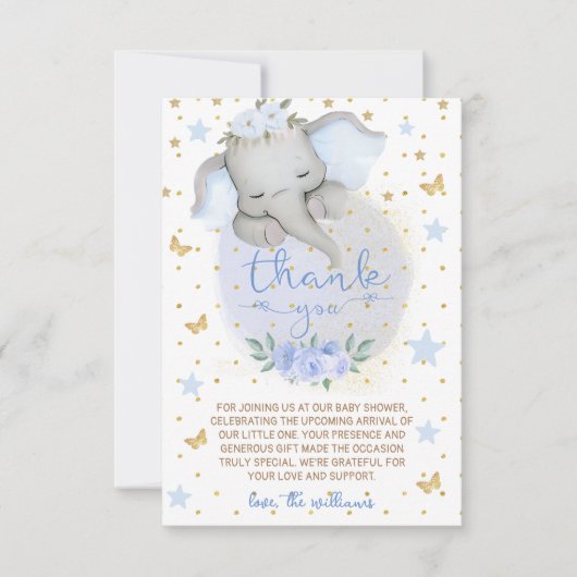 Olifant Blue Flowers Moon Baby shower Bedankkaart (Voorkant)