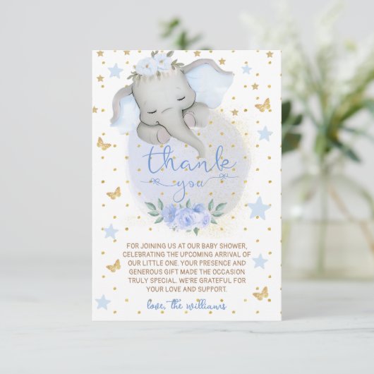 Olifant Blue Flowers Moon Baby shower Bedankkaart (Staand voorkant)