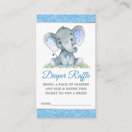 Olifant Blue Glitter Luier Raffle Baby shower Informatiekaartje (Voorkant)