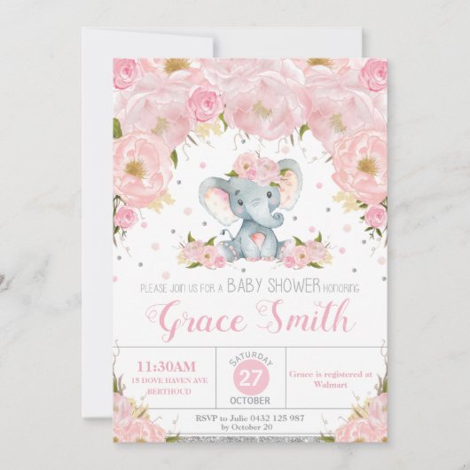 Olifant Blush Floral Baby shower Silver Glitter Kaart (Voorkant)