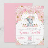 Olifant Blush Floral Baby shower Silver Glitter Kaart (Voorkant / Achterkant)