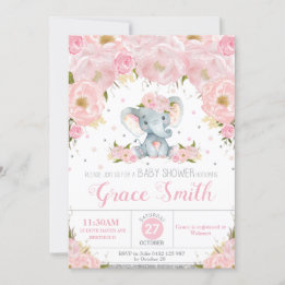 Olifant Blush Floral Baby shower Silver Glitter Kaart