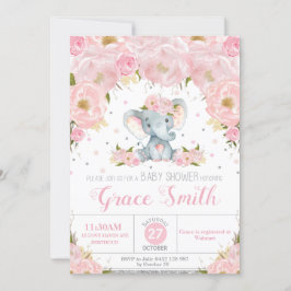 Olifant Blush Floral Baby shower Silver Glitter Kaart