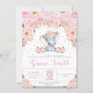 Olifant Blush Floral Baby shower Silver Glitter Kaart