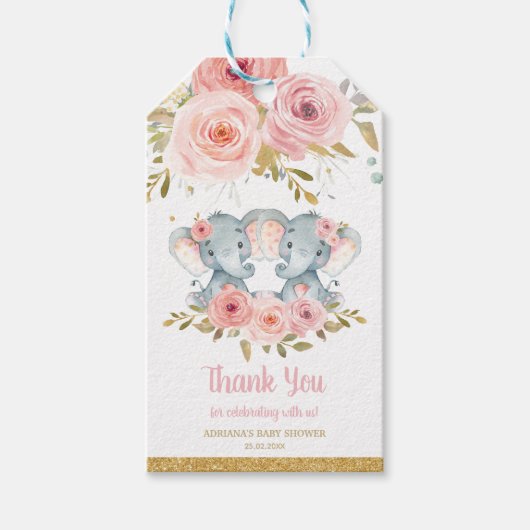 Olifant Blush Pink Floral Twins Baby shower Favor Cadeaulabel (Voorkant)