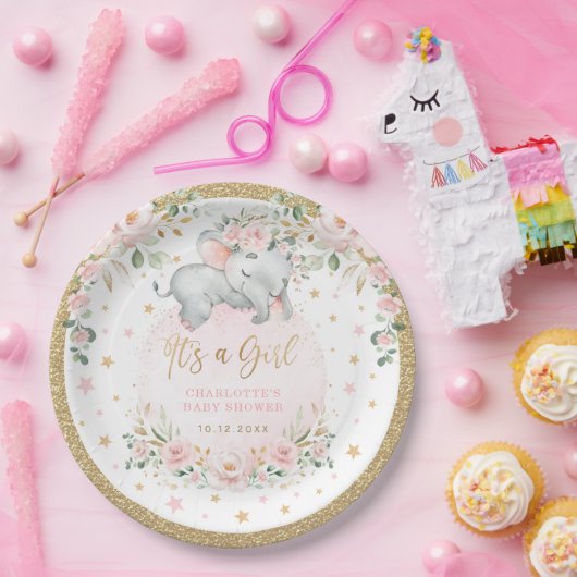  Olifant Blush Pink Gold Flower Baby shower Papieren Bordje (Feest)