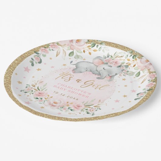  Olifant Blush Pink Gold Flower Baby shower Papieren Bordje (Gekanteld)