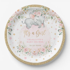 Olifant Blush Pink Gold Flower Baby shower Papieren Bordje