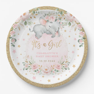 Olifant Blush Pink Gold Flower Baby shower Papieren Bordje