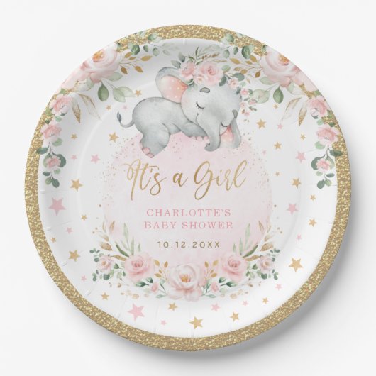  Olifant Blush Pink Gold Flower Baby shower Papieren Bordje (Voorkant)