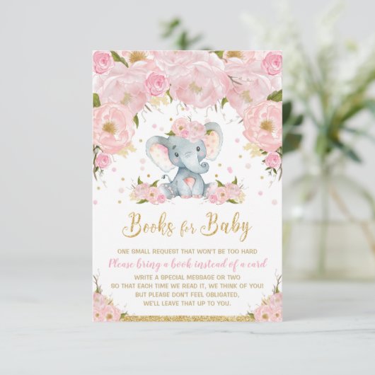Olifant Blush Roze Bloemen Boeken voor Baby Kaart (Staand voorkant)