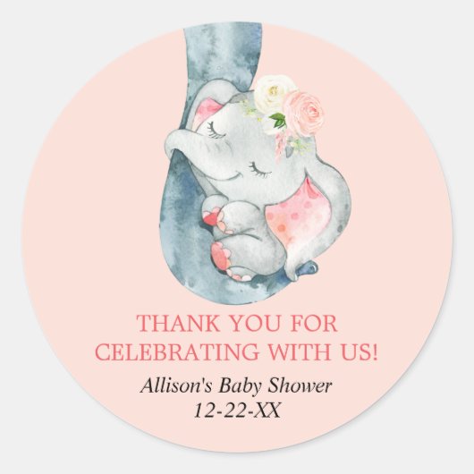 Olifant blush roze crème bloemig ronde sticker (Voorkant)