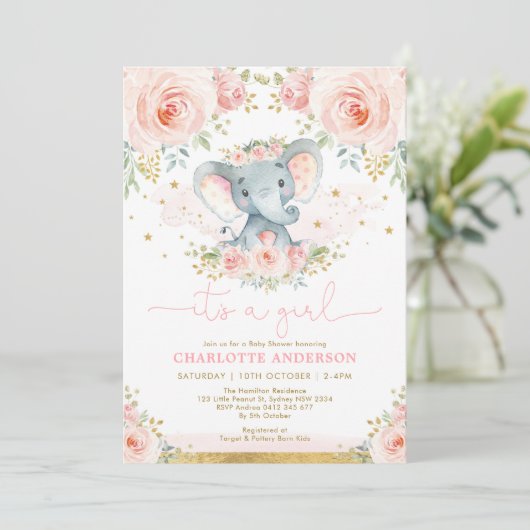  olifant blush roze rozen baby meisje douche kaart (Staand voorkant)