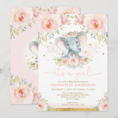  olifant blush roze rozen baby meisje douche kaart (Voorkant / Achterkant)