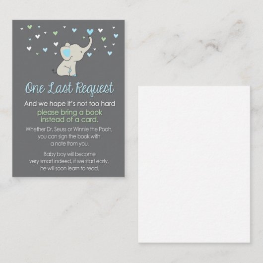 Olifant Boek Aanvraag Kaart, Olifant baby shower Informatiekaartje (Voorkant / Achterkant)