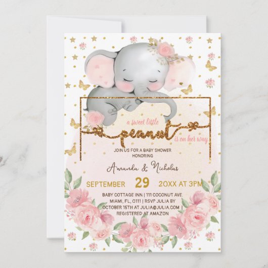 Olifant Botanische Blush Roze Baby Meisje Douche Kaart (Voorkant)