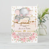 Olifant Botanische Blush Roze Baby Meisje Douche Kaart (Staand voorkant)