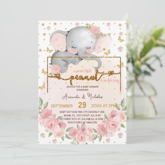 Olifant Botanische Blush Roze Baby Meisje Douche Kaart (Staand voorkant)
