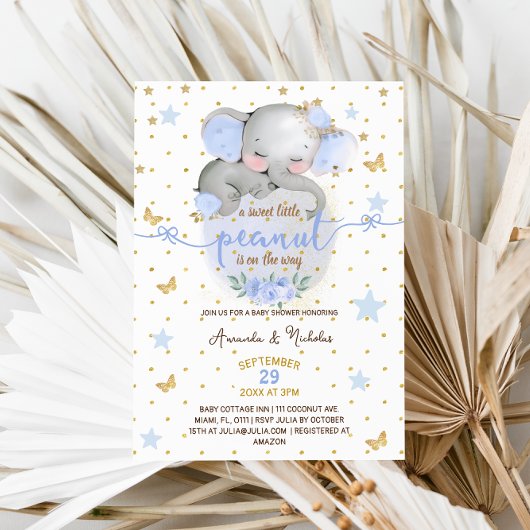 Olifant Botanische Pastel Blauw Baby Jongen Douche Kaart